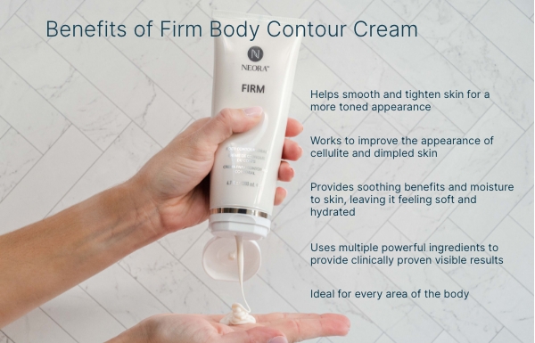 Benefits of Firm Body Contour Cream surrounds the product being squeezed into a women's hand.